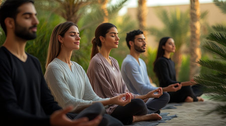 Group of young people meditating in lotus position at the beachの写真素材