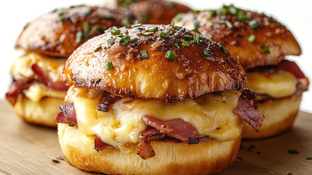 hamburger with bacon and cheese on wooden board, closeup