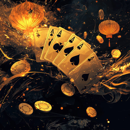 Poker background with playing cards, golden coins and lanterns.