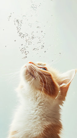 Cute ginger cat with drops of water on a white background.の写真素材