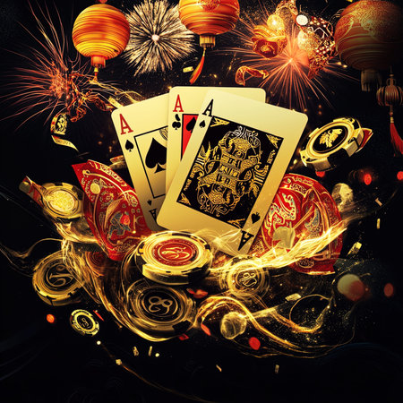 Illustration of playing cards and fireworks on a black background with fire