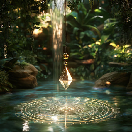 3d rendering of a golden crystal pendulum in a tropical garden