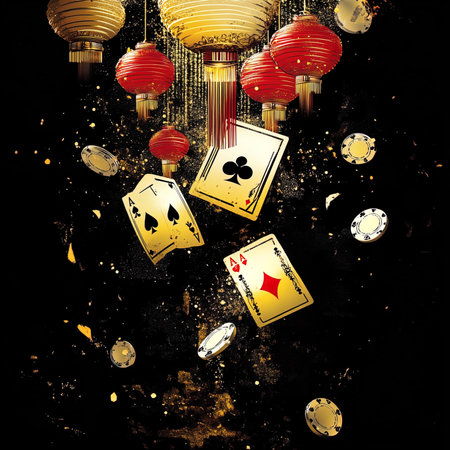 Hanging red Chinese lanterns and playing cards on grunge background