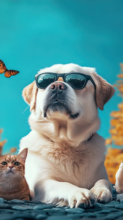 Labrador retriever dog in sunglasses with cat on blue background.の写真素材