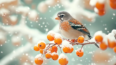 Brambling (Fringilla montifringilla) perched on a branch with snow