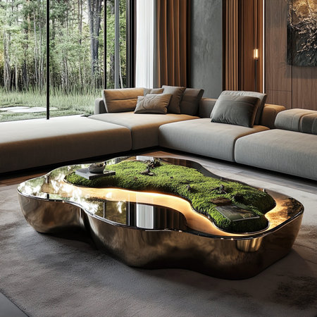 3d rendering of a modern living room with a golden and black sofa