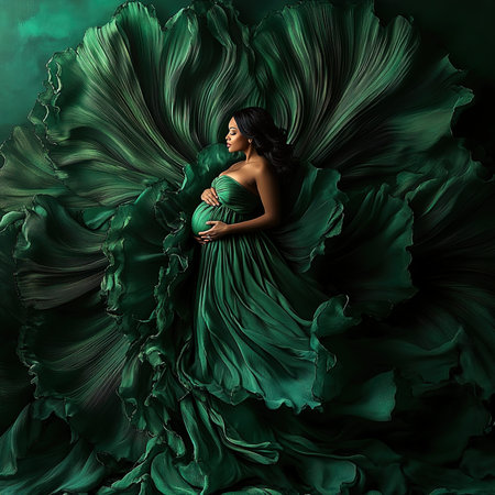 Beautiful pregnant woman in green dress. Fashion art photo. 3d renderingの写真素材