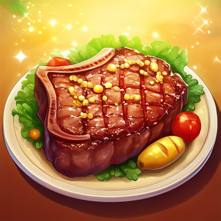 Grilled beef steak with vegetables on the plate. Vector illustration.の写真素材