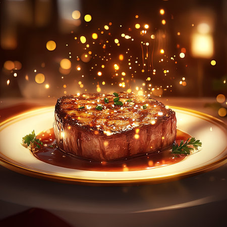 Grilled beef steak on a white plate with splashes of sauceの写真素材