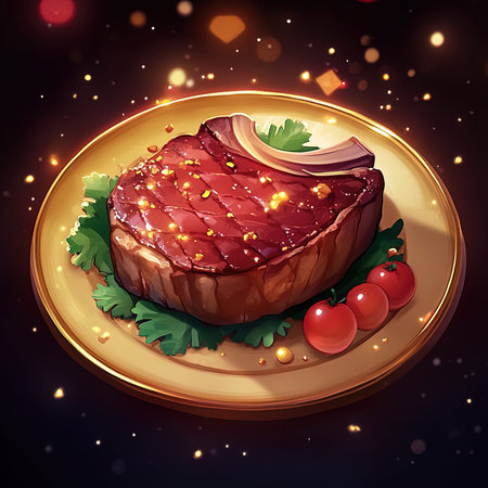 Illustration of beef steak with parsley and cherry tomatoes on golden plateの写真素材