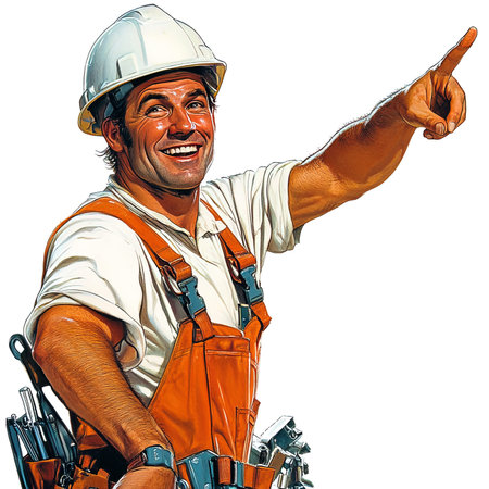Portrait of a smiling worker pointing on copy space. Isolated over white background.