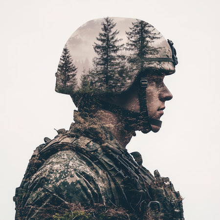 Portrait of a soldier in a military uniform on a background of nature.の写真素材