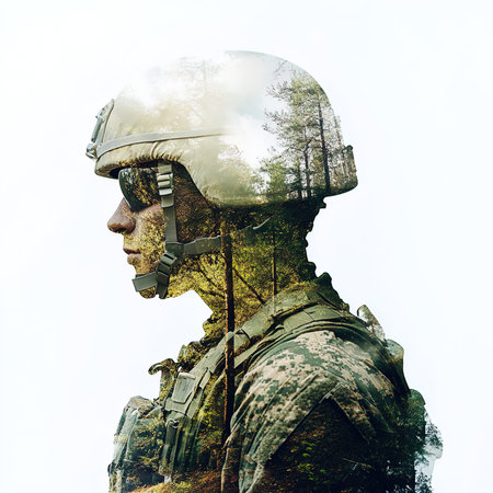 Close-up portrait of a soldier in a military helmet. Military conceptの写真素材