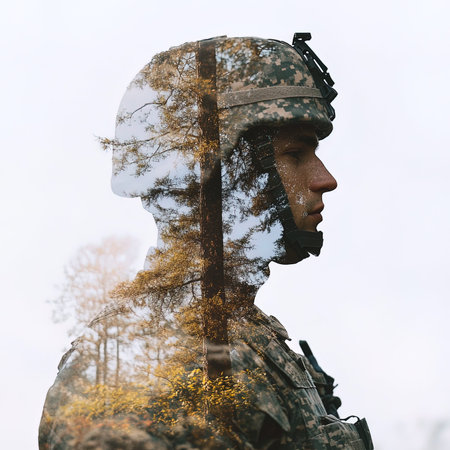 Portrait of a soldier in a camouflage and a full-length.の写真素材
