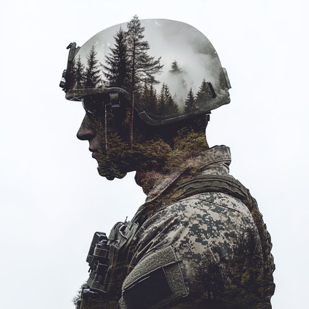 Portrait of a special forces soldier in full gear and helmet.の写真素材