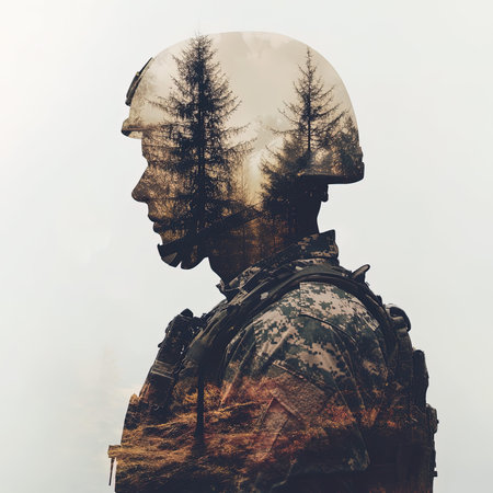 Silhouette of a soldier in a military helmet against the background of the forest.の写真素材