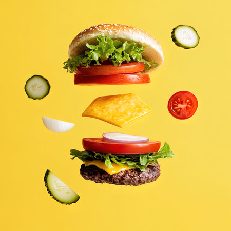 Hamburger with flying ingredients on yellow background. Creative food conceptの写真素材