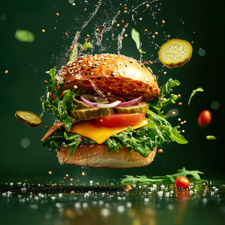Burger with flying ingredients and splashes of water on dark backgroundの写真素材
