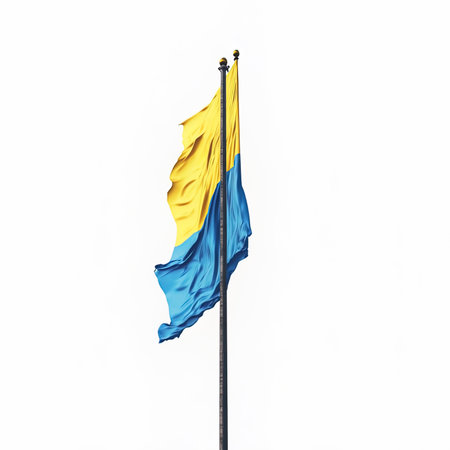 National flag of Ukraine on a flagpole on a white background.の写真素材