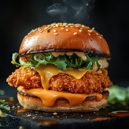 Homemade hamburger with fried chicken, cheese and vegetablesの写真素材