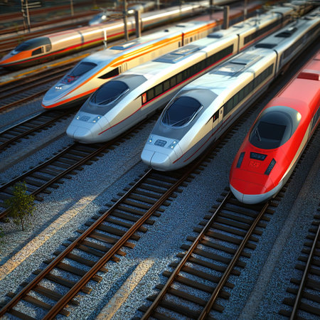 High speed trains on the railway station. 3d render illustration.
