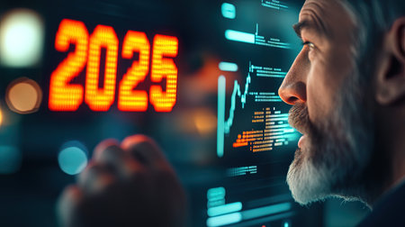 Side view of mature man looking at virtual screen with numbers. Future concept