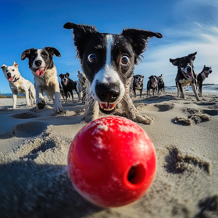 Funny dog playing with red ball on the beach. Dog on the sandの写真素材
