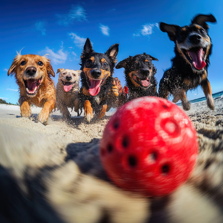 Group of happy dogs running on the beach with ball in mouth.の写真素材
