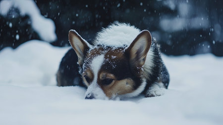 Welsh Corgi Pembroke in winter in snowの写真素材