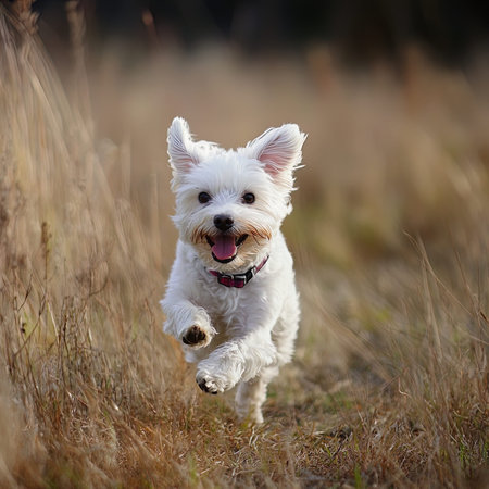West highland white terrier running in the field. Portrait