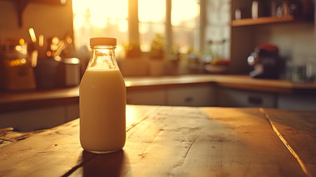 Bottle of milk on a wooden table in the kitchen at sunsetの写真素材