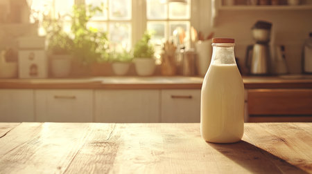 Bottle of milk on wooden table in kitchen interior. Space for textの写真素材