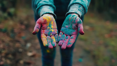 Hands of a child covered with multicolored paint. Selective focus.の写真素材