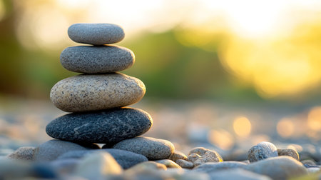 Stack of zen stones on the beach at sunset. Zen conceptの写真素材