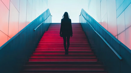 Businesswoman walking up a red stairway in a modern office buildingの写真素材