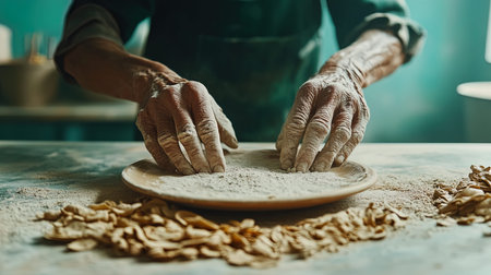 Hands of a woman kneading dough on a clay plateの写真素材