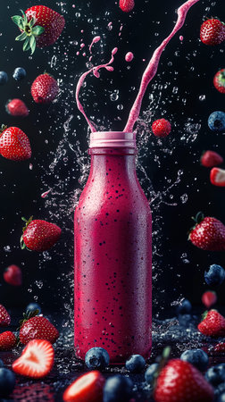 Bottle of fresh strawberry and blueberry smoothie with splashes on black backgroundの写真素材