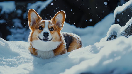 Welsh Corgi Pembroke dog in the snowの写真素材