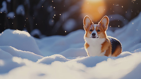 Welsh corgi dog stands on the snow in the winter forest.の写真素材