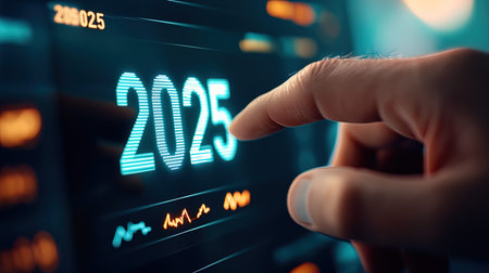 Businessman hand touching virtual screen with 2025 year number. 3D rendering