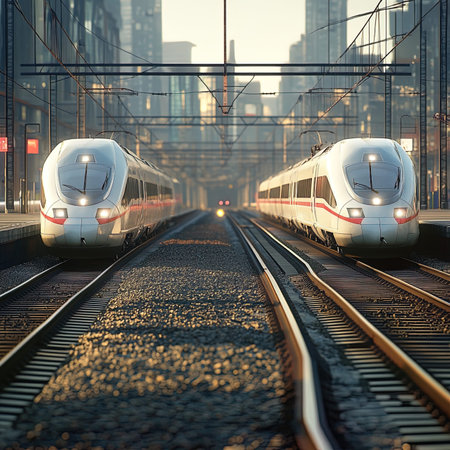 High-speed train in the city at sunset. 3d rendering