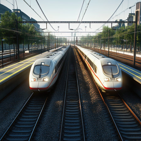 High-speed train in the city at sunset. 3d renderingの写真素材