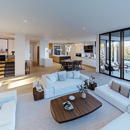 Luxury living room interior design with white sofa, coffee table and dining area