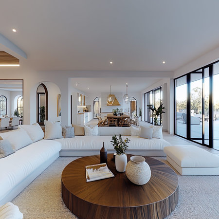 Luxury living room interior with white sofa and coffee table. Northwest, USA