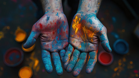 Hands covered with holi paint. Holi festival concept.の写真素材