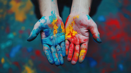 Hands of a young man covered in multicolored paint on a colorful backgroundの写真素材