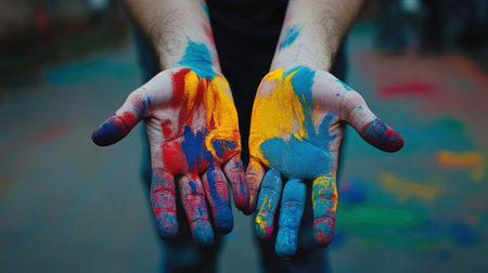 Hands of a young man covered with multicolored paint.の写真素材