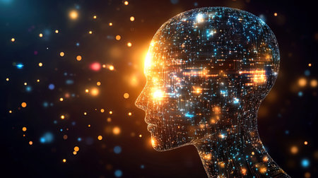 3d rendering of artificial intelligence concept with human head and glowing particles