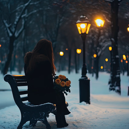 A girl with a bouquet of flowers sits on a bench in a winter park.