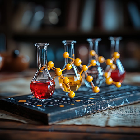 Laboratory glassware with chemical liquid on the table, science background